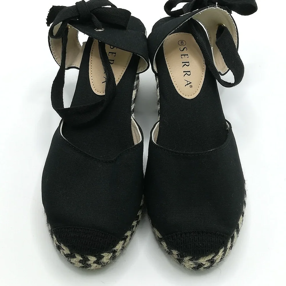Serra Sandals Womens Shoes Wedge‎ Espadrille Black Tie Ankle Strap Textile 8